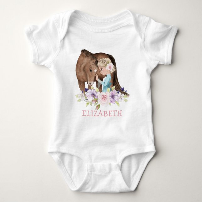 Blond Girl mit Brown Horse New Baby Bodysuit Baby Strampler (Vorderseite)