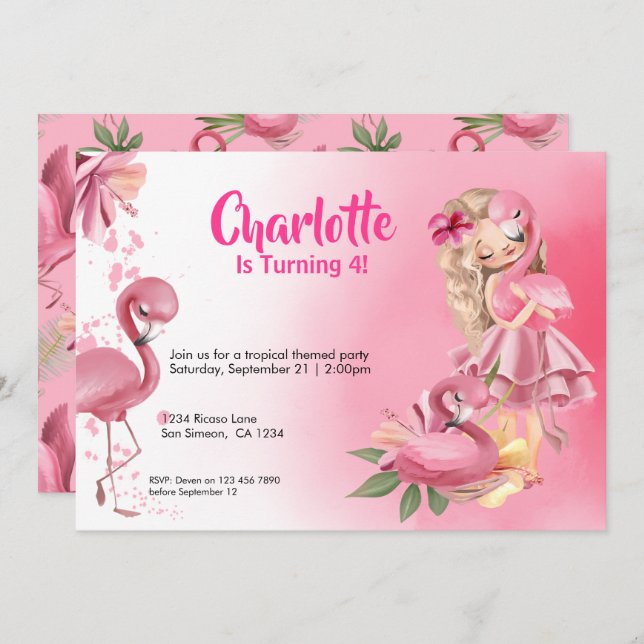 Blond Girl Tropical Pink Flamingo Geburtstag Einladung (Vorne/Hinten)
