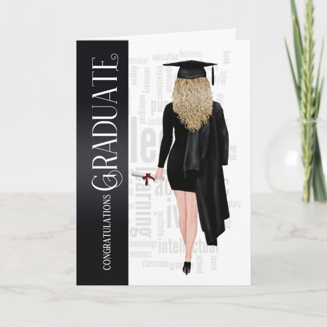 Blond Hair Black Cap and Gown Female Graduate Card Karte (Vorderseite)