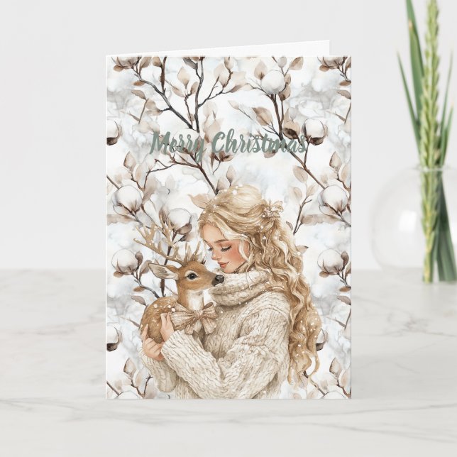 Blond Hair Girl with Deer Christmas Karte (Vorderseite)