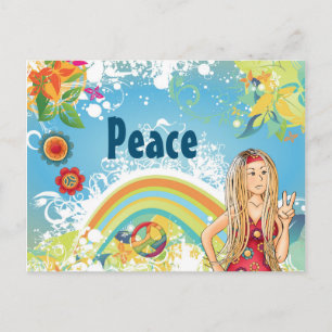 Blond Hippie Girl, Blume und Rainbow Peace Postkarte