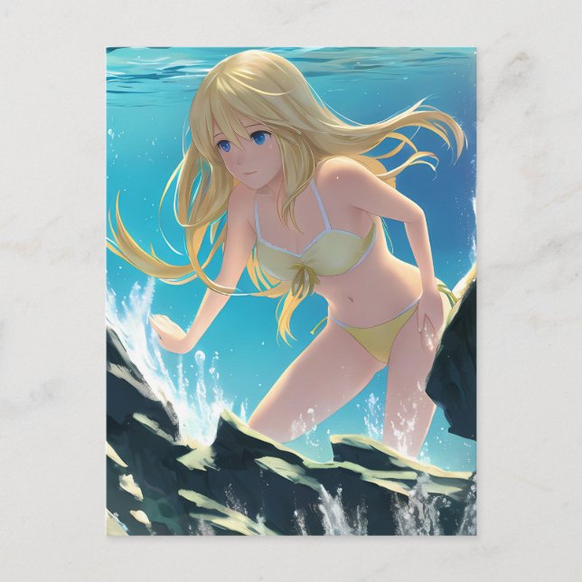 Blond in Bikini Underwater Foto Anime Postkarte (Vorderseite)
