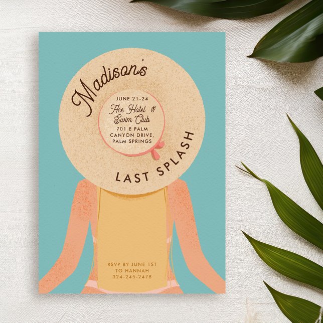 Blond Palm Springs Bachelorette Weekend Pool Party Einladung (blonde hair and light white skin girl wearing a beach hat - bachelorette pool party invitation)