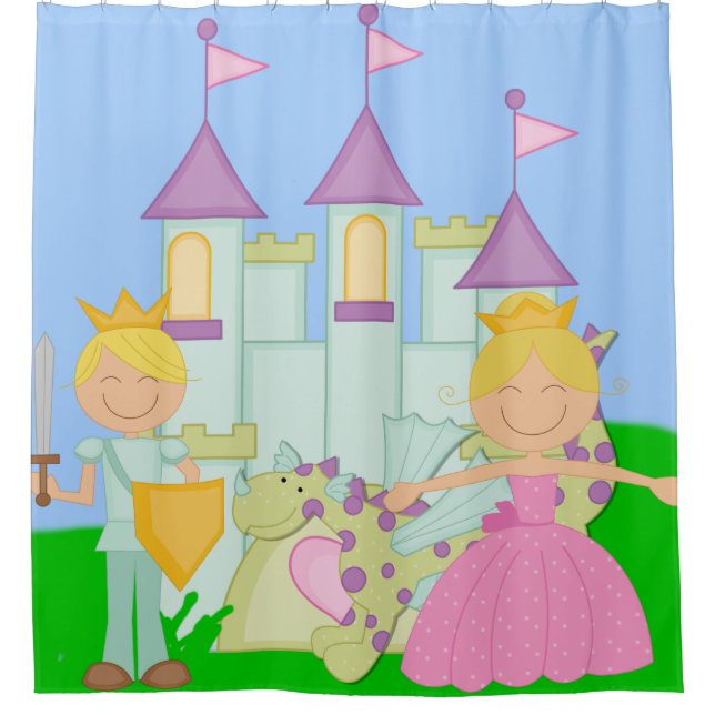 Blond Princess, Prince, Dragon, Castle Fairytale Duschvorhang (Vorderseite)