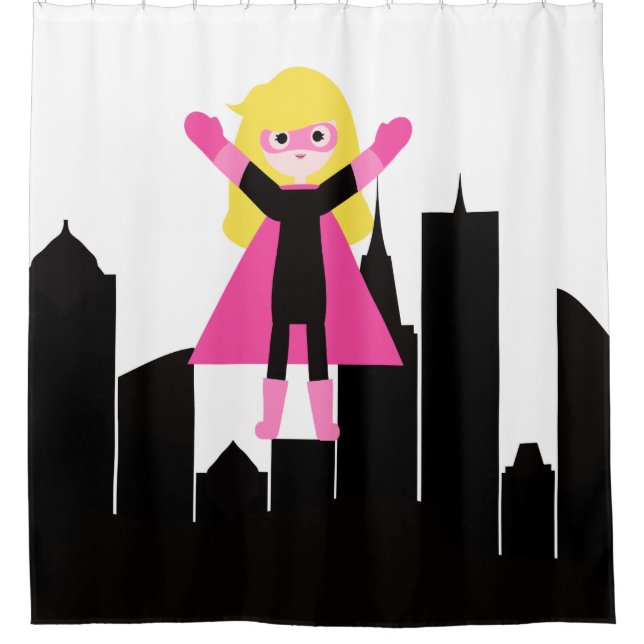 Blond Super Girl Hero City Wolkenkratzer Duschvorhang (Vorderseite)