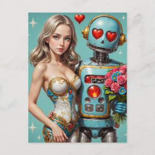 Blond Woman und Robot Foed Liebe Postcard Postkarte