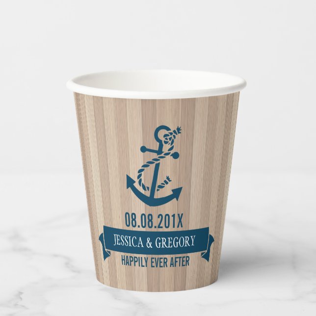Blond Wood Texture Navy-Blue Nautical Boat Anchor Pappbecher (Vorderseite)