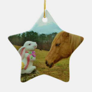 Blond Yellow horse & Easter Bunny Keramik Ornament
