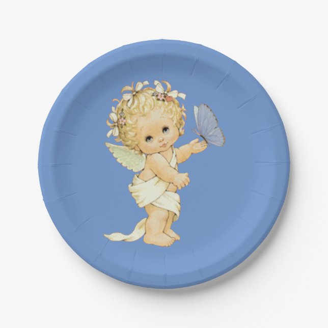 Blonde Angel Baby mit Schmetterling. Pappteller (Vorderseite)