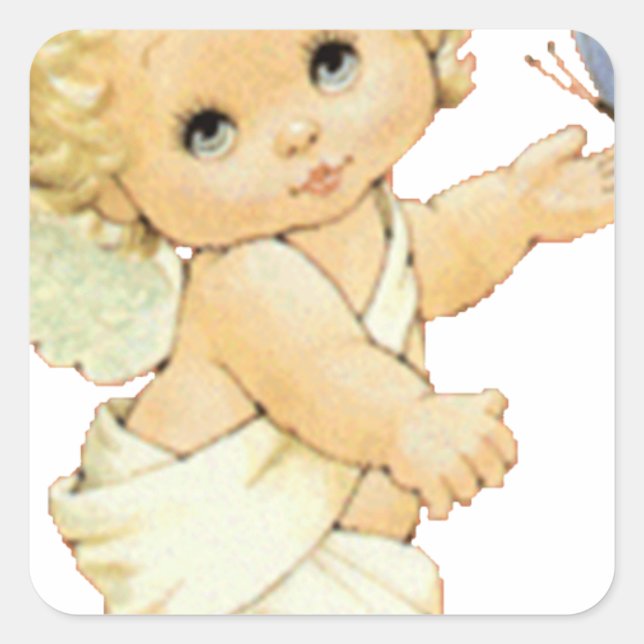 Blonde Angel Baby mit Schmetterling. Quadratischer Aufkleber (Vorderseite)