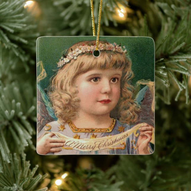 Blonde Angel mit Weihnachtsbanner Keramikornament (Baum)