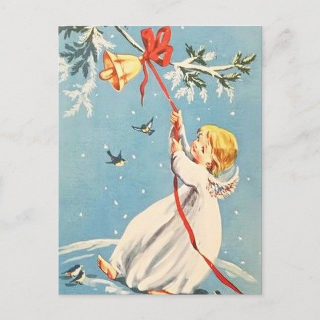 Blonde Angel Ringing a Gold Bell Red Bow Postkarte (Vorderseite)