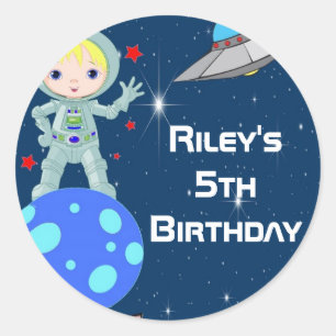 Blonde Astronaut Boy Gastgeschenk Labels Runder Aufkleber