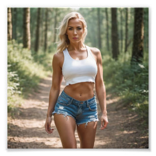 Blonde Babe in Denim Shorts Wandern im Wald Fotodruck