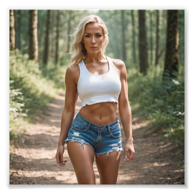 Blonde Babe in Denim Shorts Wandern im Wald Fotodruck (Vorne)