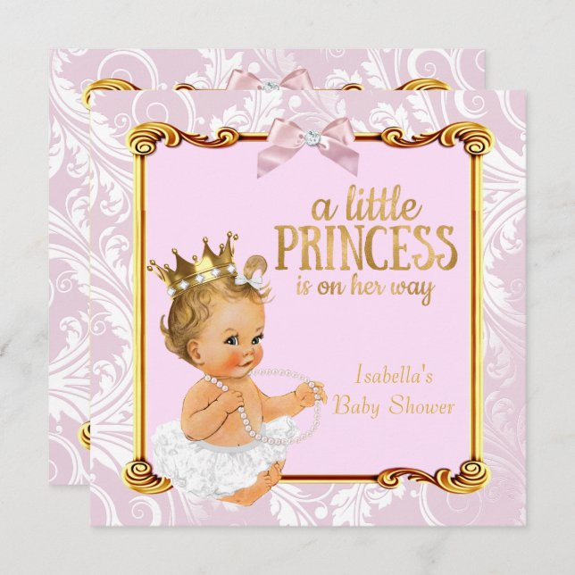 Blonde Baby Princess Baby Dusche White Pink Gold Einladung (Vorne/Hinten)