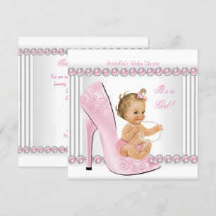 Blonde Babyparty Mädchen Rosa Perlen Pumps Einladung
