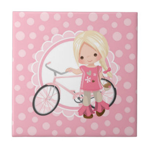Blonde Bicycle Girl - Pink White Fliese