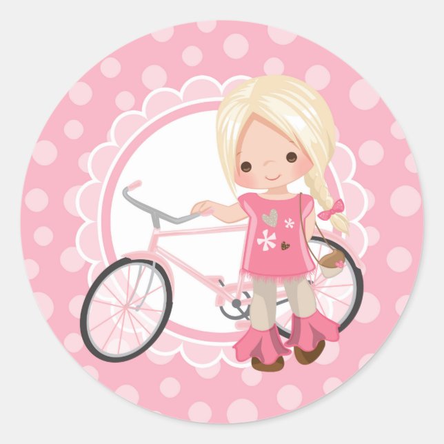 Blonde Bicycle Girl - Pink White Runder Aufkleber (Vorderseite)