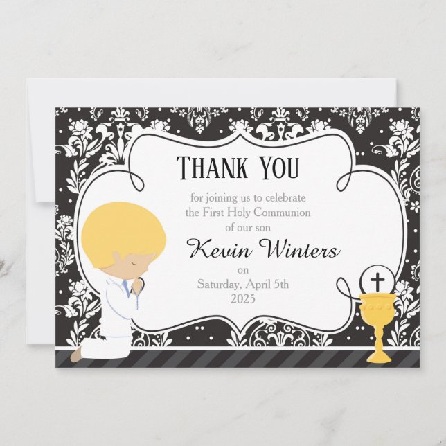 Blonde Boy First Communion Damask Dankeskarte (Vorderseite)