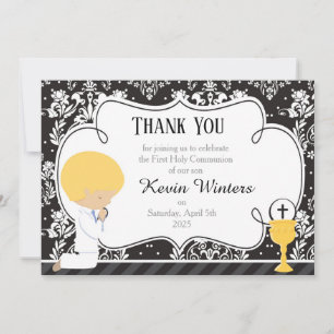 Blonde Boy First Communion Damask Dankeskarte