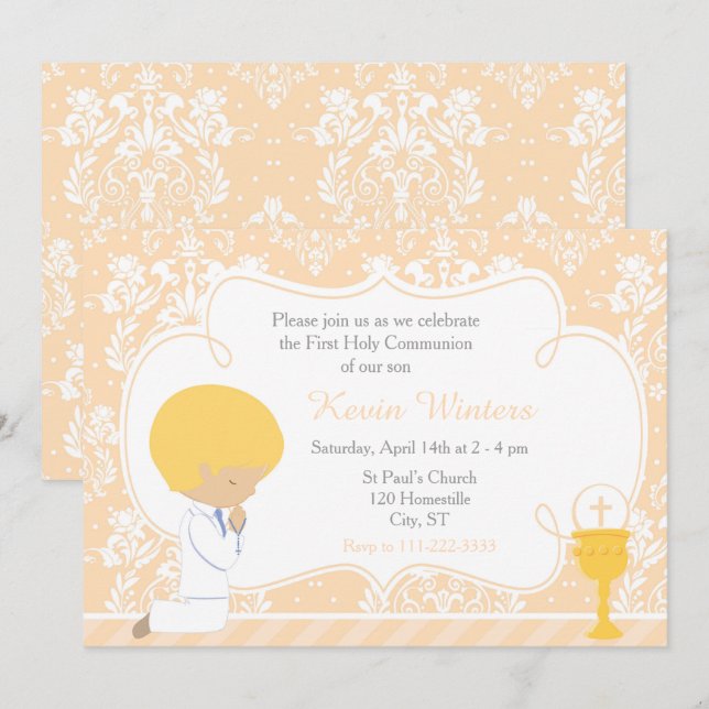Blonde Boy First Communion Damask Einladung (Vorne/Hinten)