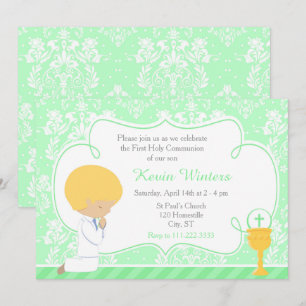Blonde Boy First Communion Damask Einladung