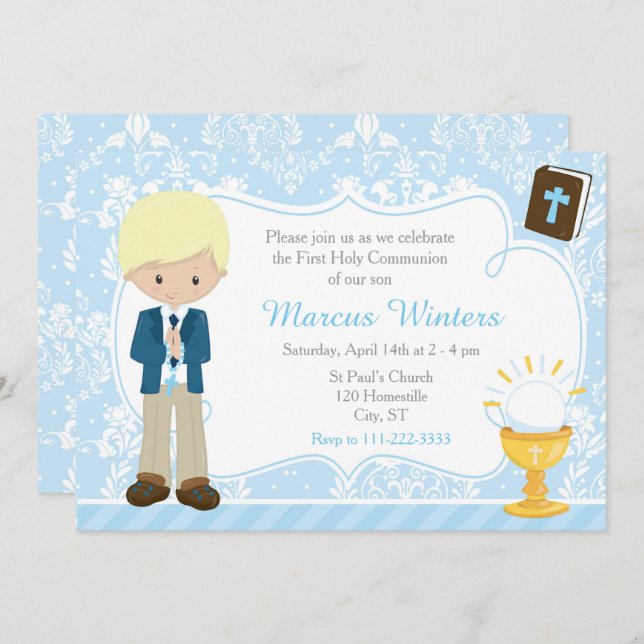 Blonde Boy First Communion Damask Einladung (Vorne/Hinten)