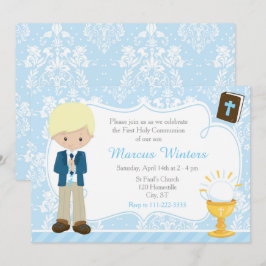 Blonde Boy First Communion Damask Einladung