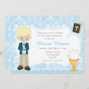 Blonde Boy First Communion Damask Einladung