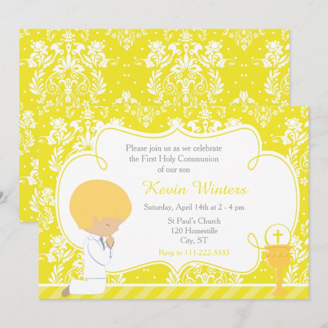 Blonde Boy First Communion Damask Einladung (Vorne/Hinten)