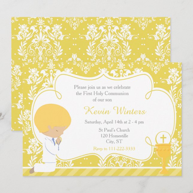Blonde Boy First Communion Damask Einladung (Vorne/Hinten)