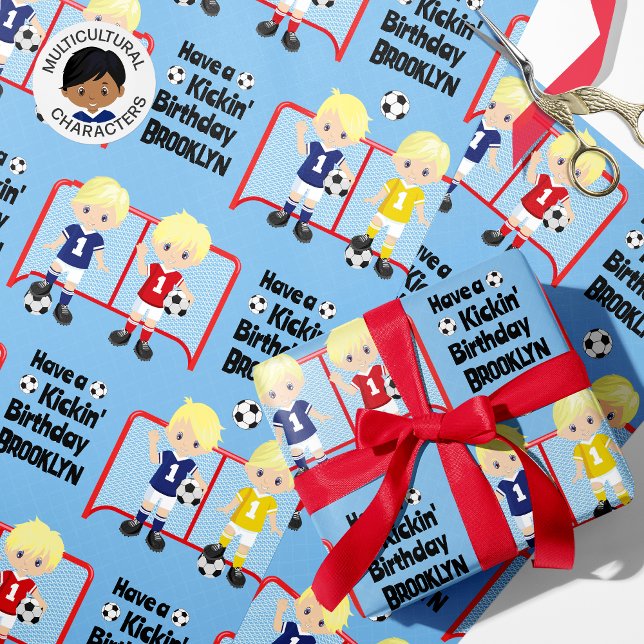 Blonde Boy Soccer Geburtstag Personalisiert Geschenkpapier (Von Creator hochgeladen)