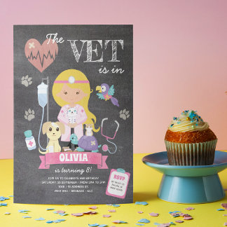 Blonde Brown Eyes Chalkboard Vet Birthday Party Einladung
