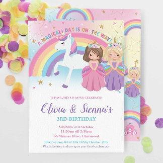 Blonde Brünett Twins Princesses Unicorn Geburtstag Einladung