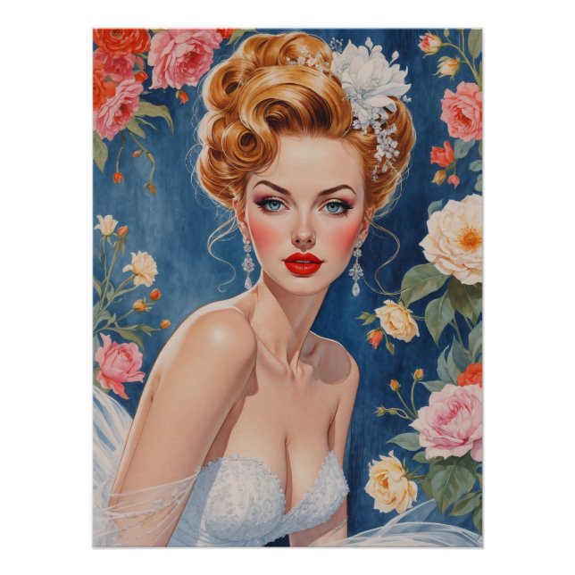 Blonde Button-Up Bride Portrait Floral Hintergrund Poster (Vorderseite)
