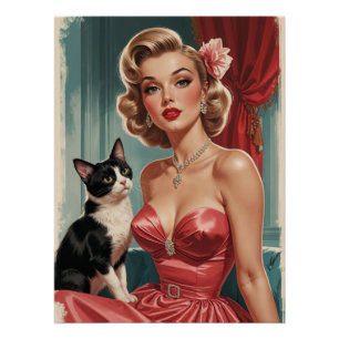 Blonde Button-Up Pink-Kleid mit Schwarz-Weiß-Katze Poster