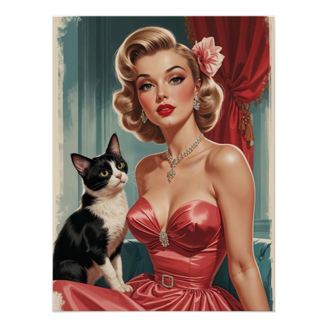 Blonde Button-Up Pink-Kleid mit Schwarz-Weiß-Katze Poster (Vorderseite)