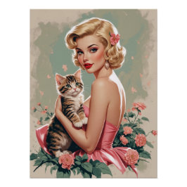 Blonde Button-Up Rotes Kleid und Niedliches Katzen Poster