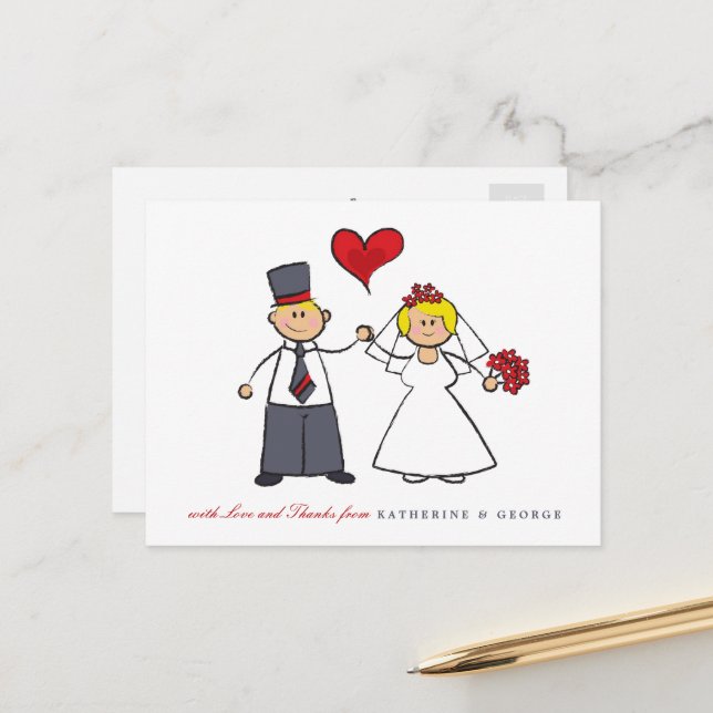 Blonde Cartoon Couple Mr & Mrs Wedding Vielen Dank Postkarte (Vorderseite/Rückseite Beispiel)