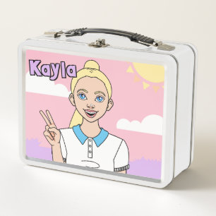 Blonde Cartoon Girl Pastel Pink School Student Metall Brotdose