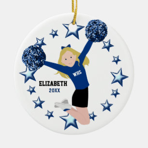 Blonde Cheerleader Pom Poms im Blau u. im Keramik Ornament