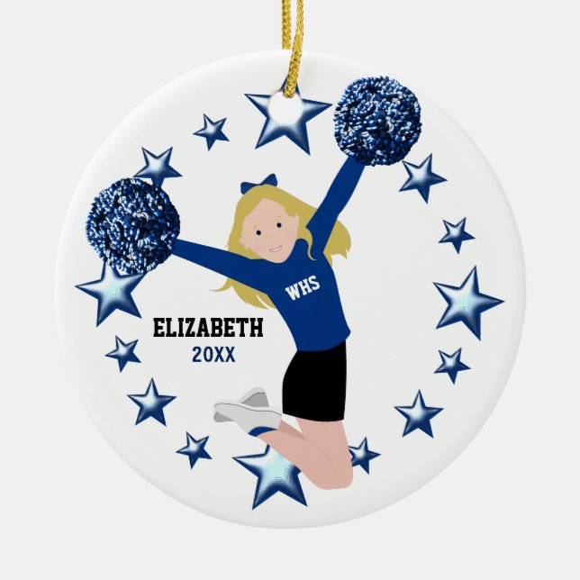 Blonde Cheerleader Pom Poms im Blau u. im Keramik Ornament (Vorne)