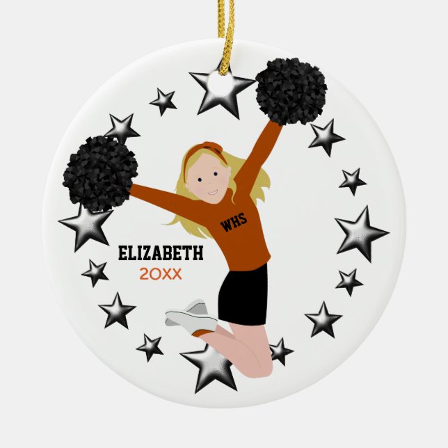 Blonde Cheerleader Pom Poms in Orange & Black Keramik Ornament (Vorne)