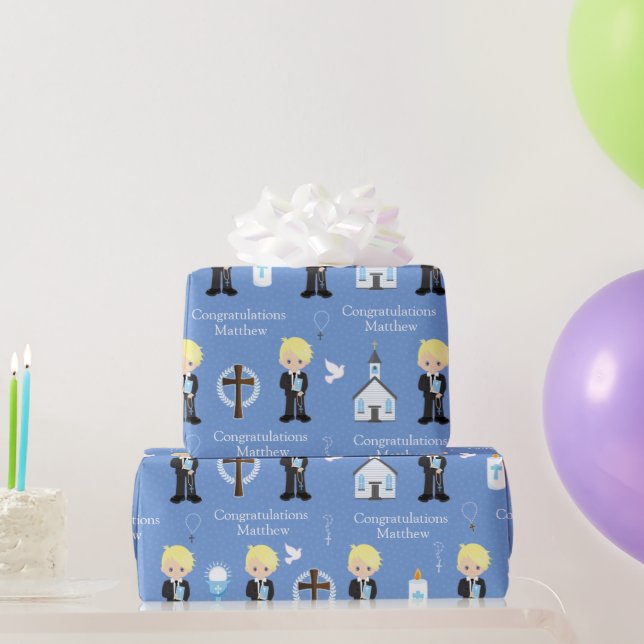 Blonde Communion Boy Wrapping Paper Geschenkpapier (Partygeschenke)
