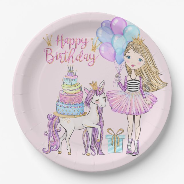 Blonde Cool Girl Modern Unicorn Prinzessin Geburts Pappteller (Vorderseite)