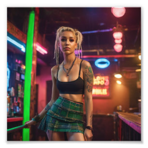 Blonde Dreads Punk Frill Tartan Skirt Girl in Bar Fotodruck