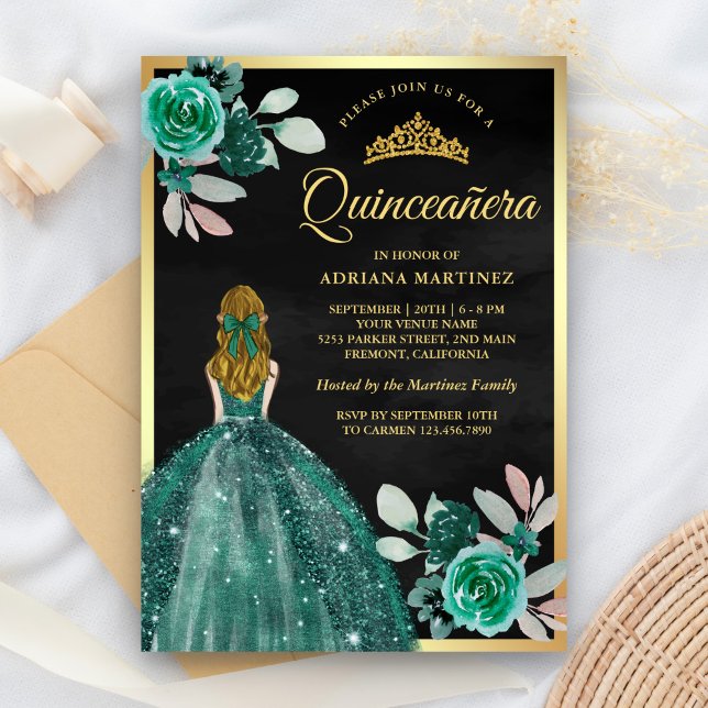 Blonde Emerald Dress Black Gold Quinceanera Einladung (Von Creator hochgeladen)
