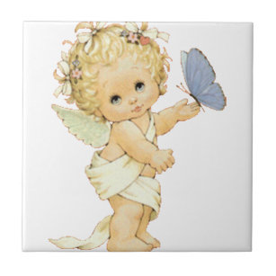 Blonde Engel Baby mit Schmetterling. Fliese