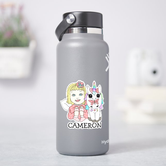Blonde Fairy und Unicorn Personalisierter Name Aufkleber (HydroFlask)